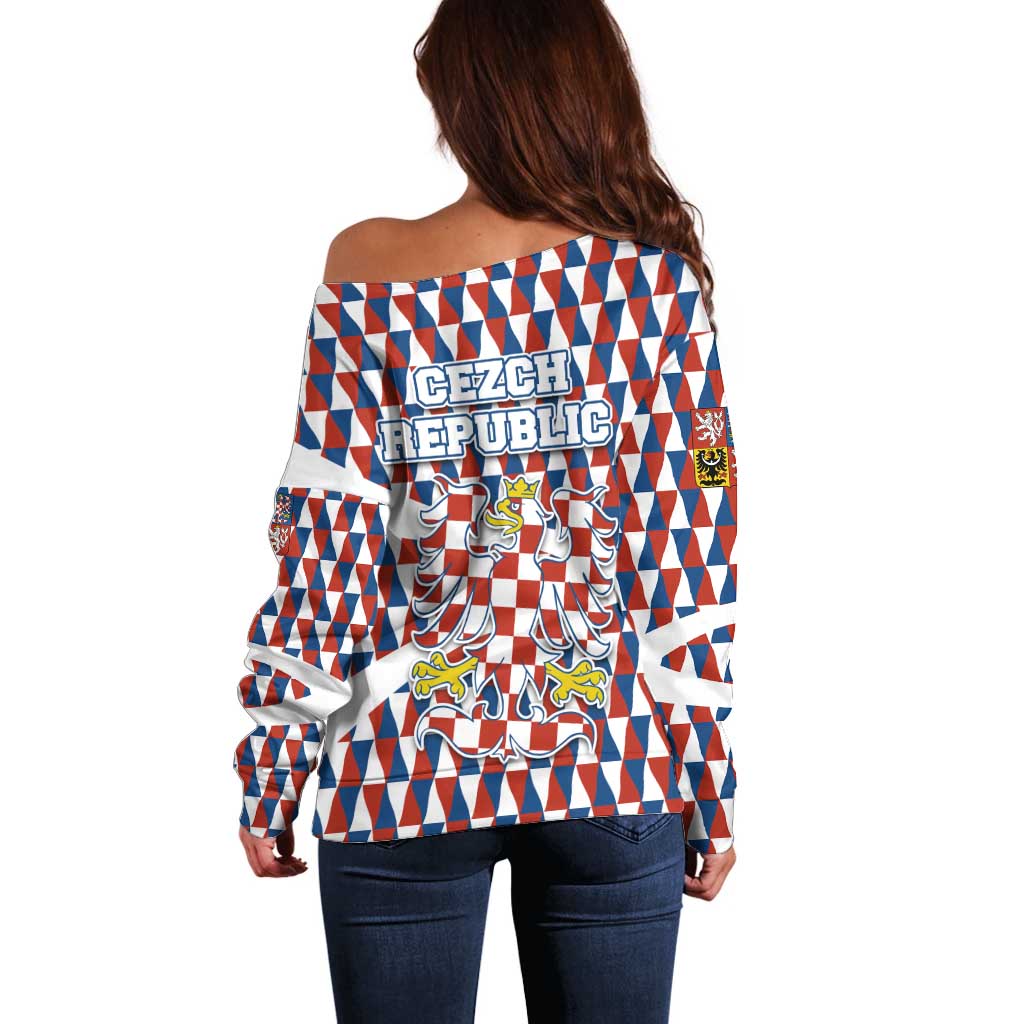 Czech Republic Off Shoulder Sweater with Red Blue Geometric Design and National Lion Shield - Wonder Print Shop
