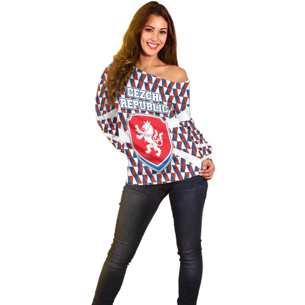 Czech Republic Off Shoulder Sweater with Red Blue Geometric Design and National Lion Shield - Wonder Print Shop