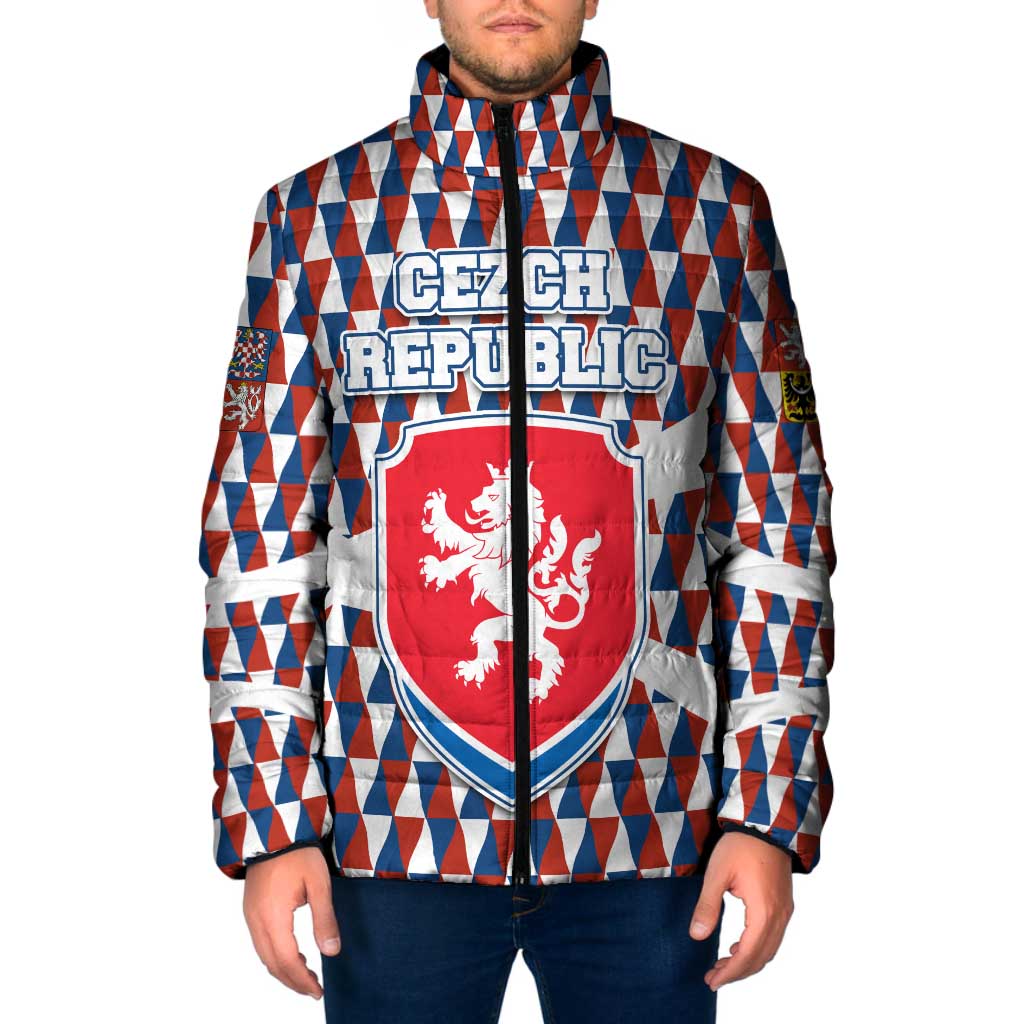 Czech Republic Padded Jacket with Red Blue Geometric Design and National Lion Shield - Wonder Print Shop