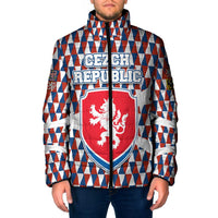 Czech Republic Padded Jacket with Red Blue Geometric Design and National Lion Shield - Wonder Print Shop