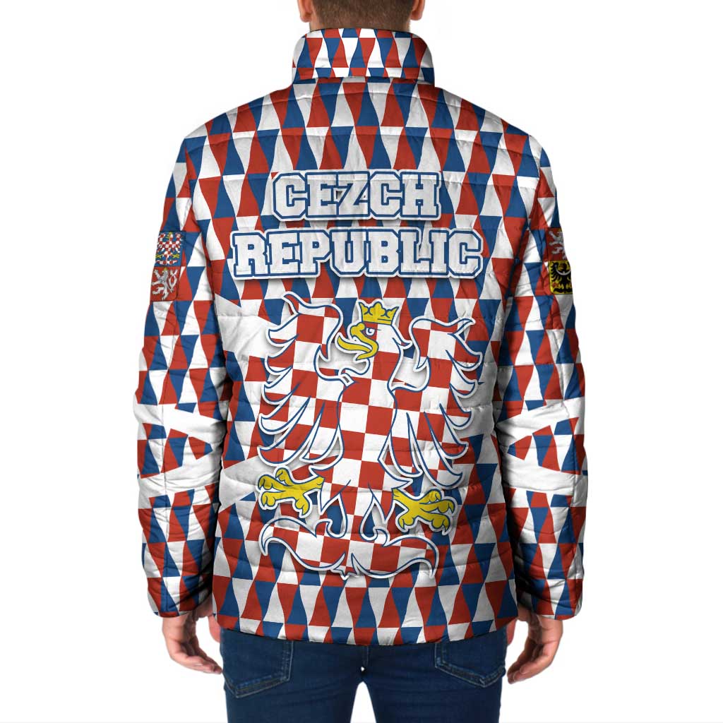 Czech Republic Padded Jacket with Red Blue Geometric Design and National Lion Shield - Wonder Print Shop