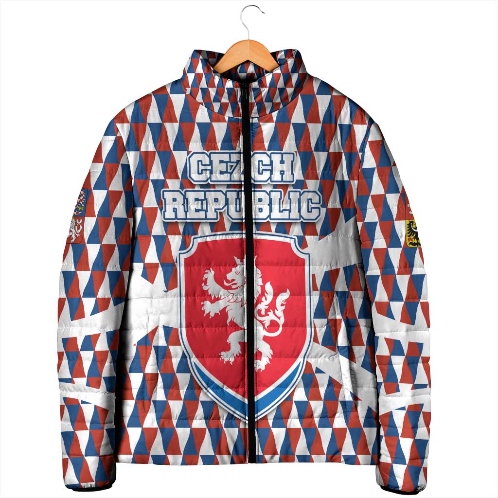 Czech Republic Padded Jacket with Red Blue Geometric Design and National Lion Shield - Wonder Print Shop