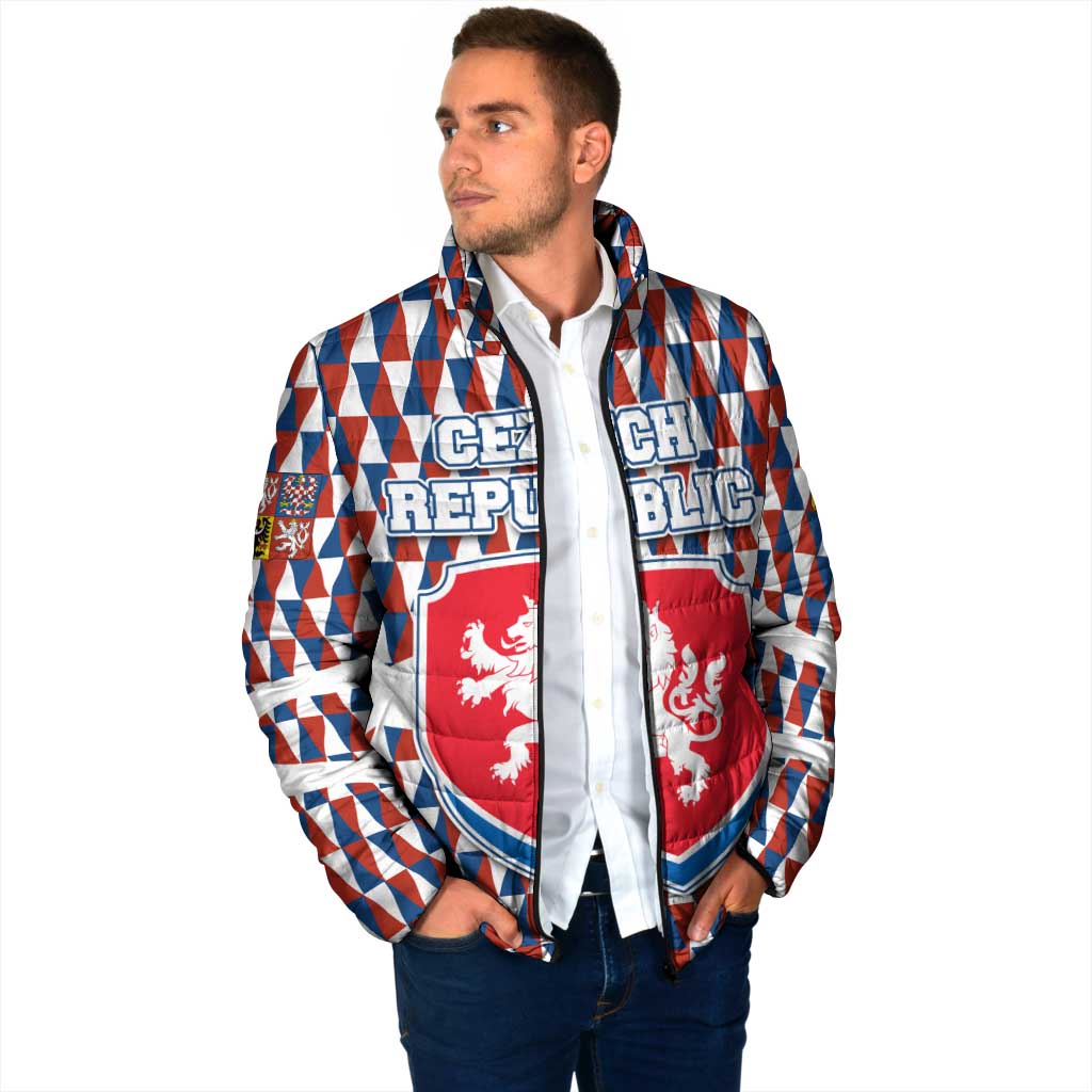 Czech Republic Padded Jacket with Red Blue Geometric Design and National Lion Shield - Wonder Print Shop