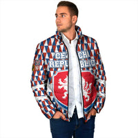 Czech Republic Padded Jacket with Red Blue Geometric Design and National Lion Shield - Wonder Print Shop
