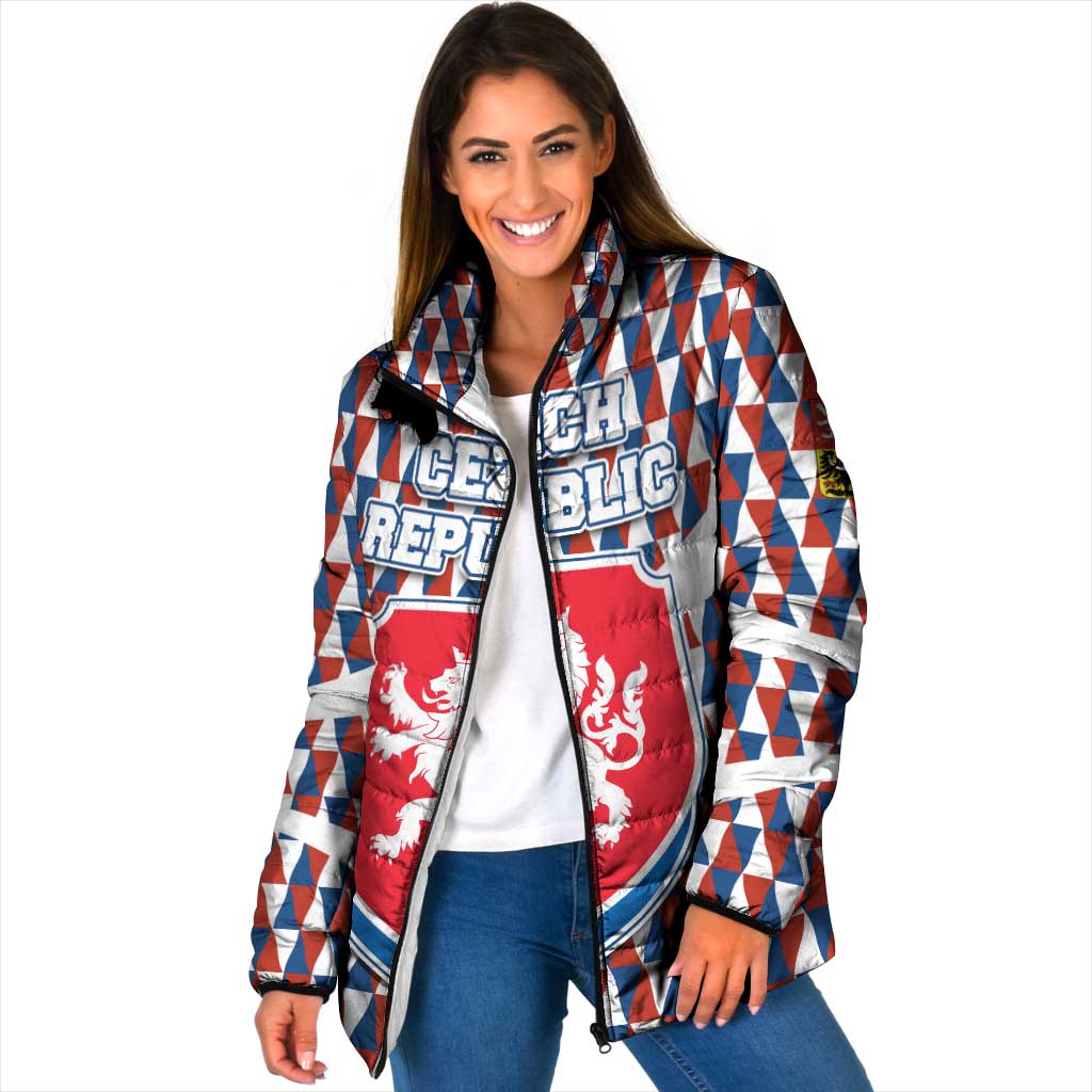 Czech Republic Padded Jacket with Red Blue Geometric Design and National Lion Shield - Wonder Print Shop