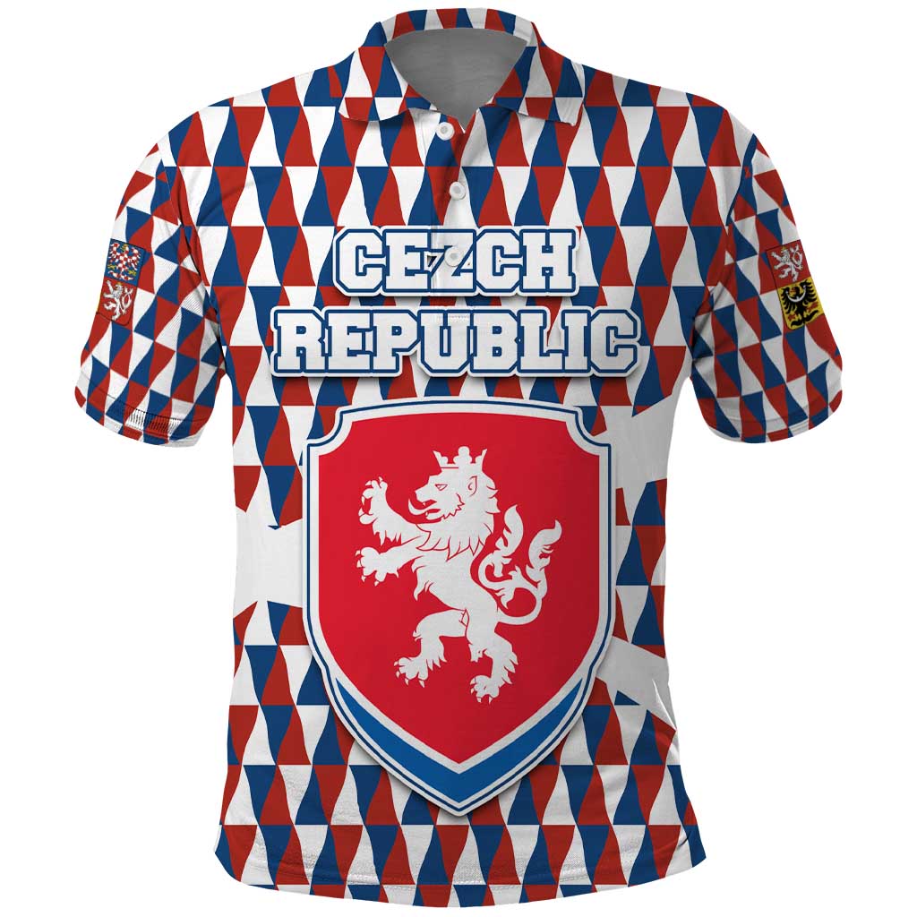 Czech Republic Polo Shirt with Red Blue Geometric Design and National Lion Shield - Wonder Print Shop