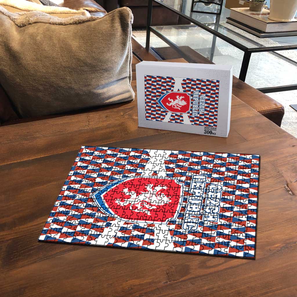 Czech Republic Puzzle with Red Blue Geometric Design and National Lion Shield - Wonder Print Shop