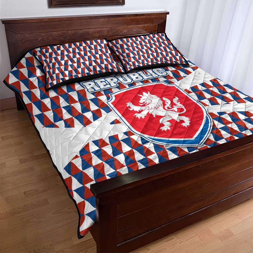 Czech Republic Quilt Bed Set with Red Blue Geometric Design and National Lion Shield - Wonder Print Shop