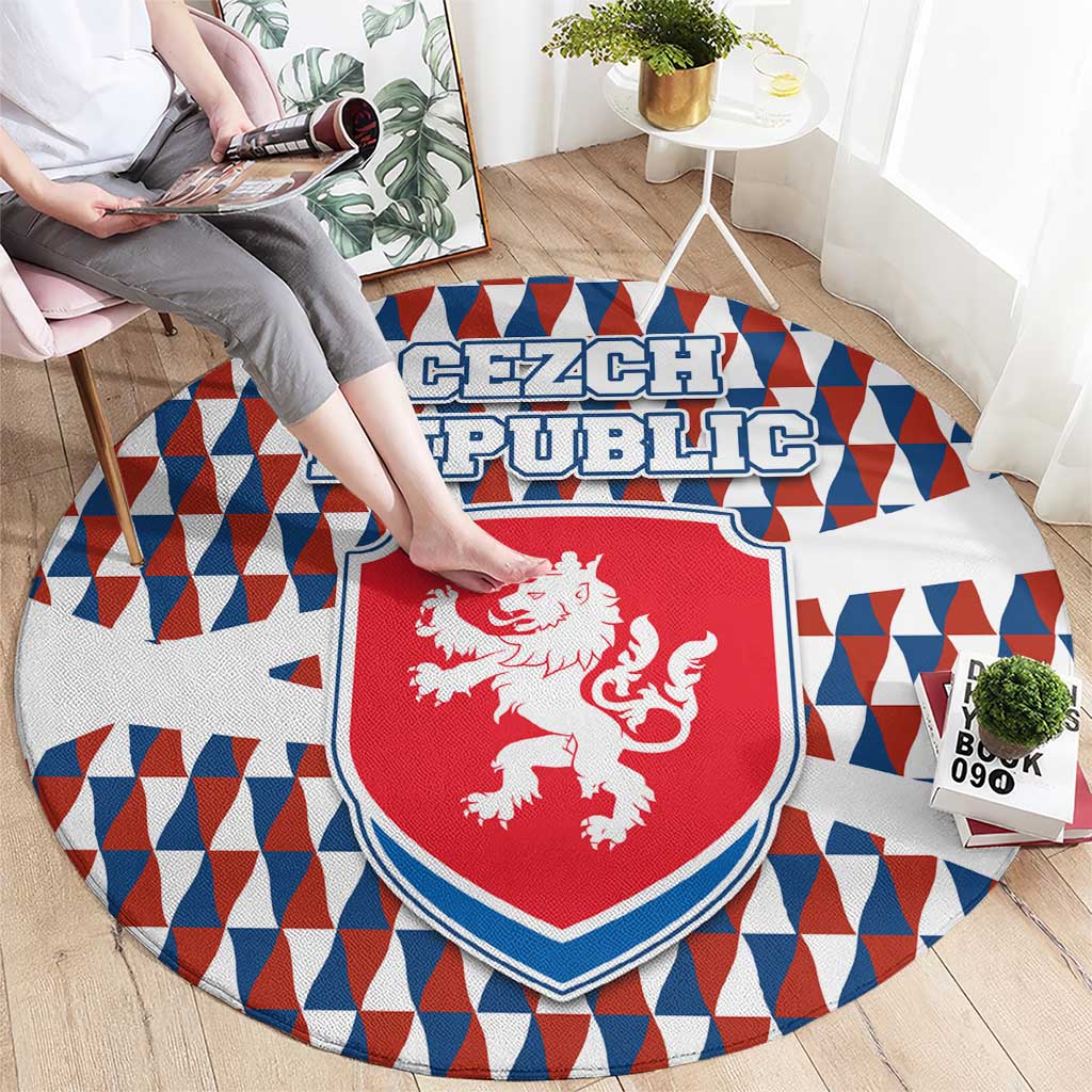 Czech Republic Round Carpet with Red Blue Geometric Design and National Lion Shield - Wonder Print Shop