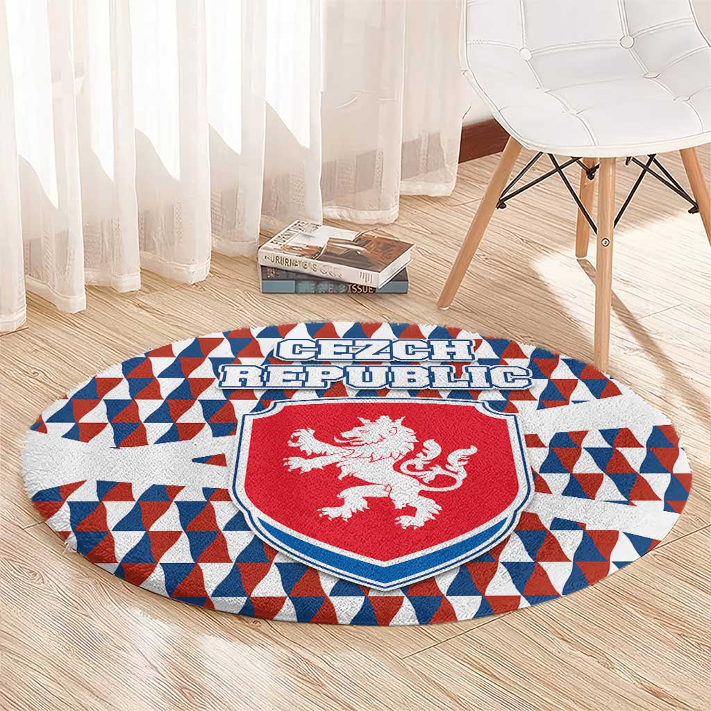 Czech Republic Round Carpet with Red Blue Geometric Design and National Lion Shield - Wonder Print Shop