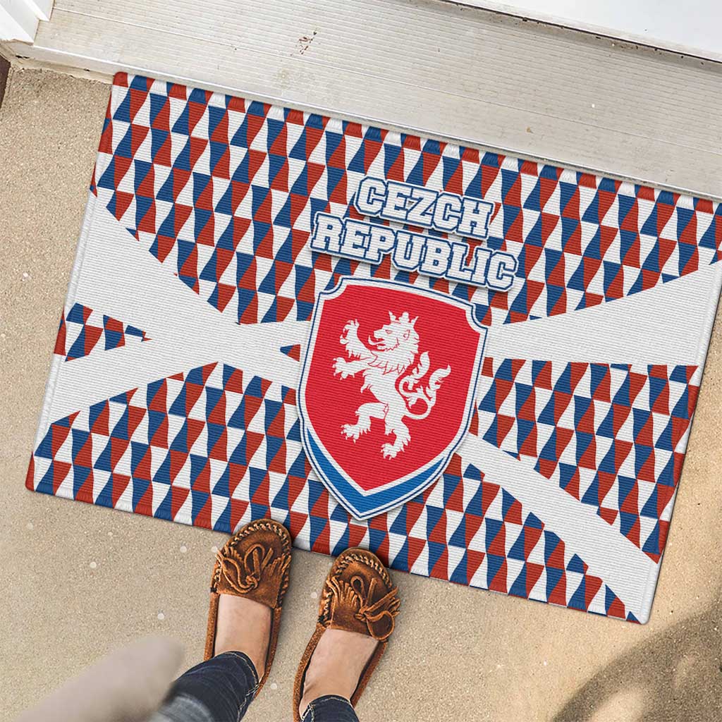 Czech Republic Rubber Doormat with Red Blue Geometric Design and National Lion Shield - Wonder Print Shop