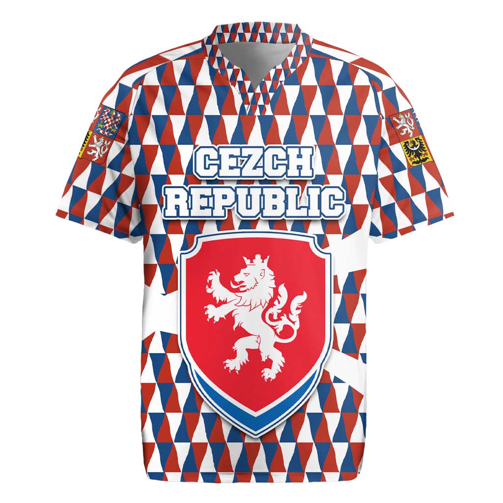 Czech Republic Rugby Jersey with Red Blue Geometric Design and National Lion Shield - Wonder Print Shop