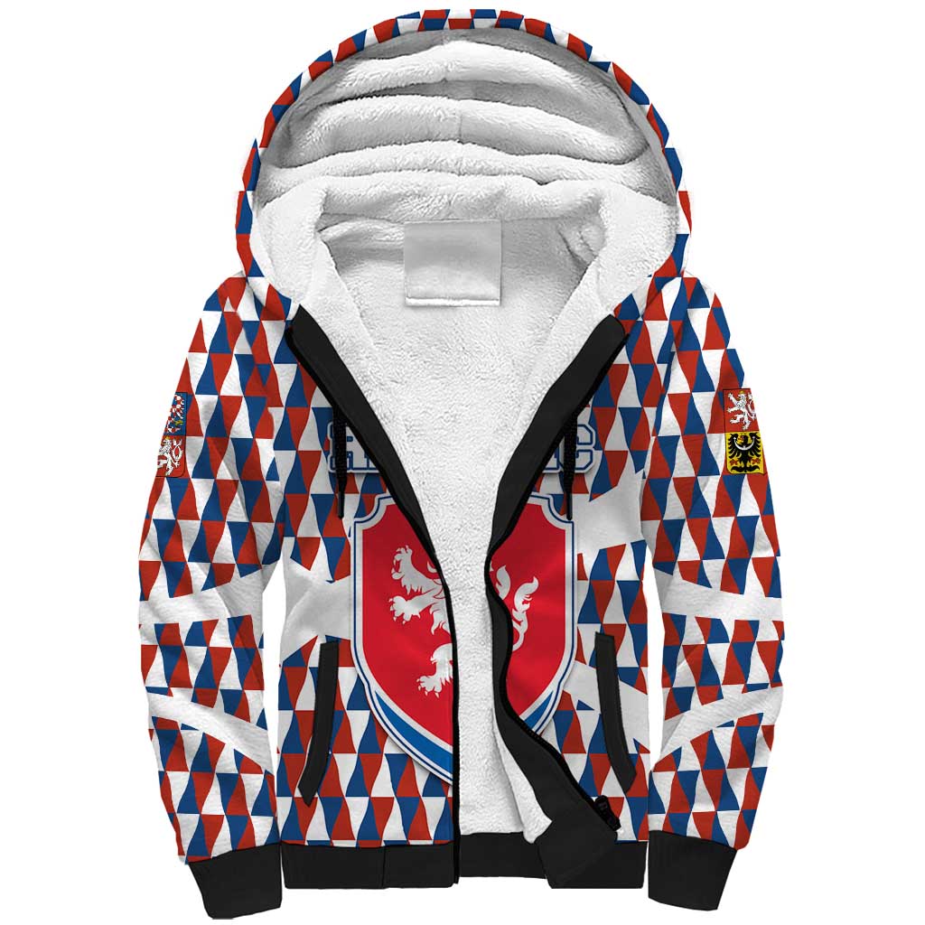 Czech Republic Sherpa Hoodie with Red Blue Geometric Design and National Lion Shield - Wonder Print Shop