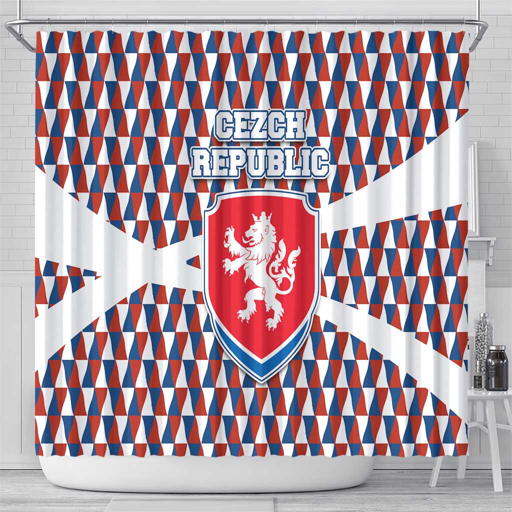 Czech Republic Shower Curtain with Red Blue Geometric Design and National Lion Shield - Wonder Print Shop