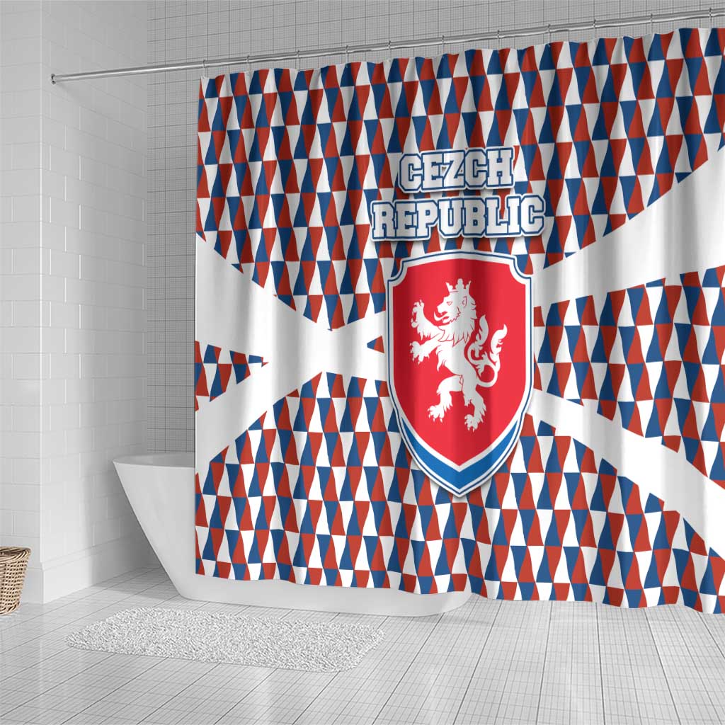 Czech Republic Shower Curtain with Red Blue Geometric Design and National Lion Shield - Wonder Print Shop