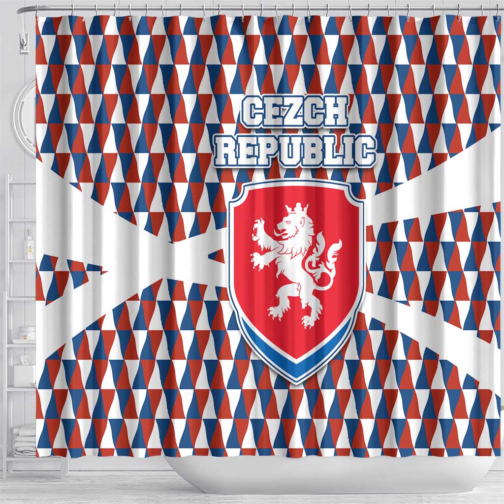 Czech Republic Shower Curtain with Red Blue Geometric Design and National Lion Shield - Wonder Print Shop