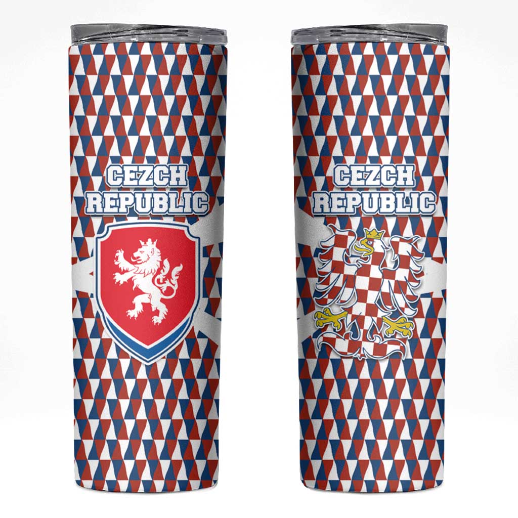 Czech Republic Skinny Tumbler with Red Blue Geometric Design and National Lion Shield - Wonder Print Shop