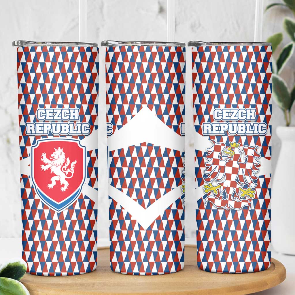 Czech Republic Skinny Tumbler with Red Blue Geometric Design and National Lion Shield - Wonder Print Shop