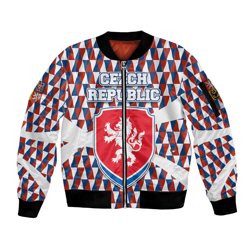 Czech Republic Sleeve Zip Bomber Jacket with Red Blue Geometric Design and National Lion Shield - Wonder Print Shop