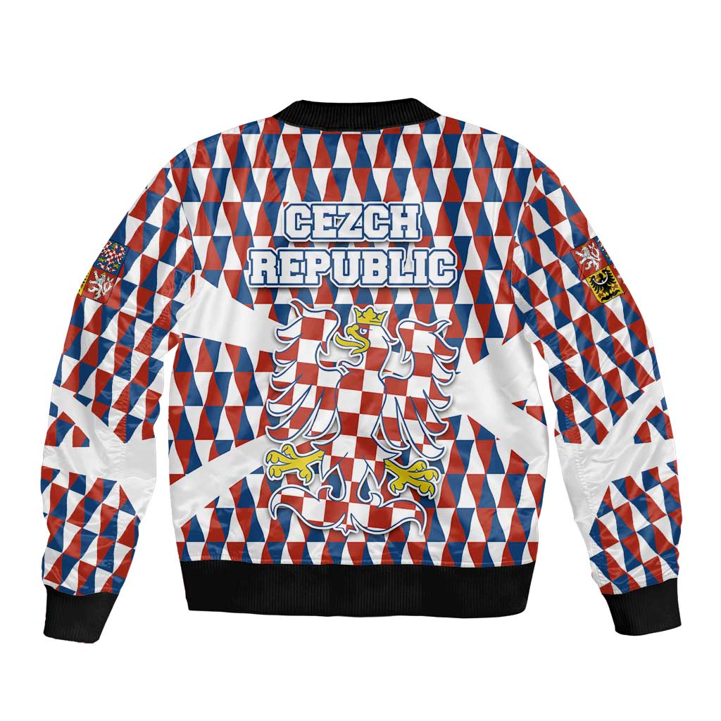 Czech Republic Sleeve Zip Bomber Jacket with Red Blue Geometric Design and National Lion Shield - Wonder Print Shop
