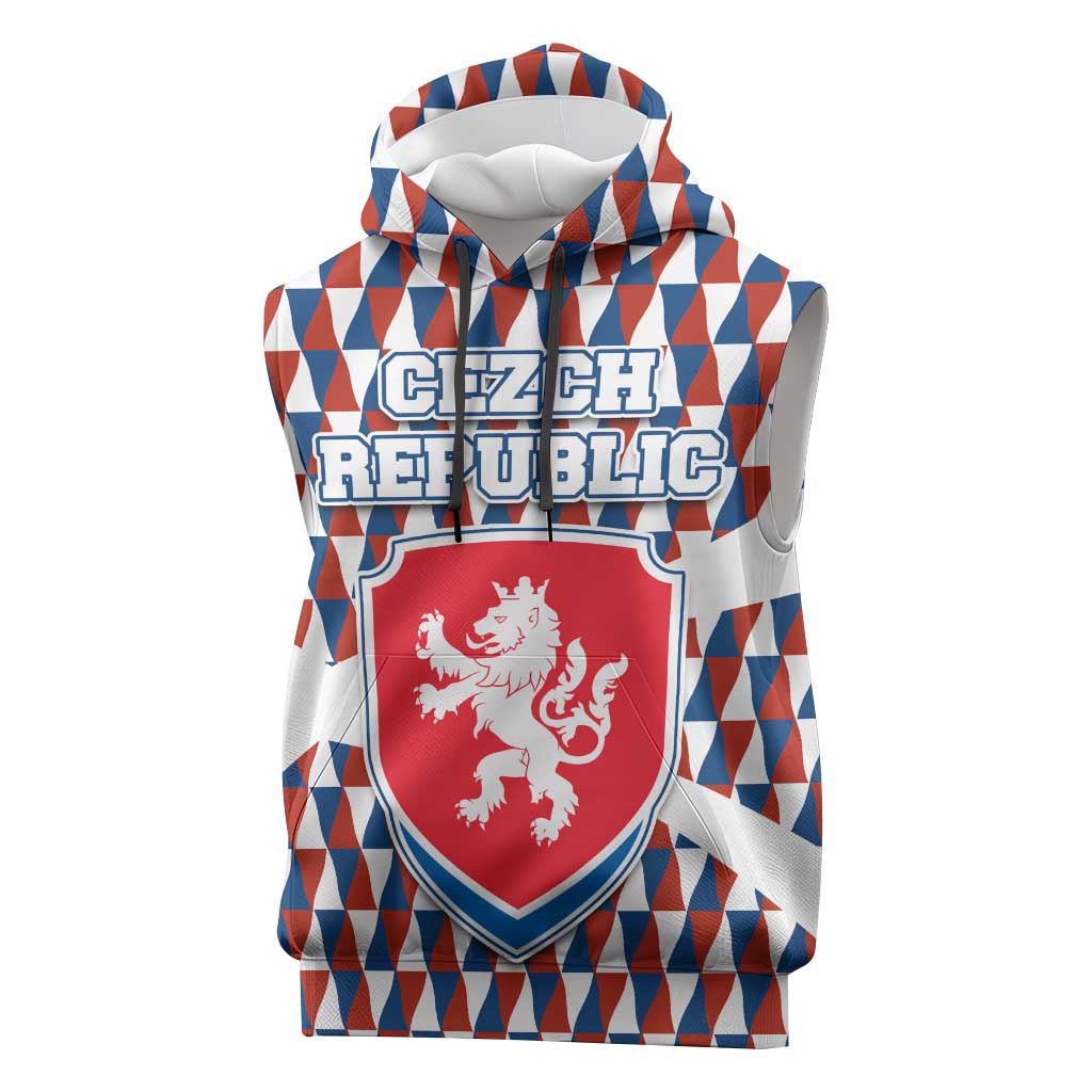 Czech Republic Sleeveless Hoodie with Red Blue Geometric Design and National Lion Shield - Wonder Print Shop