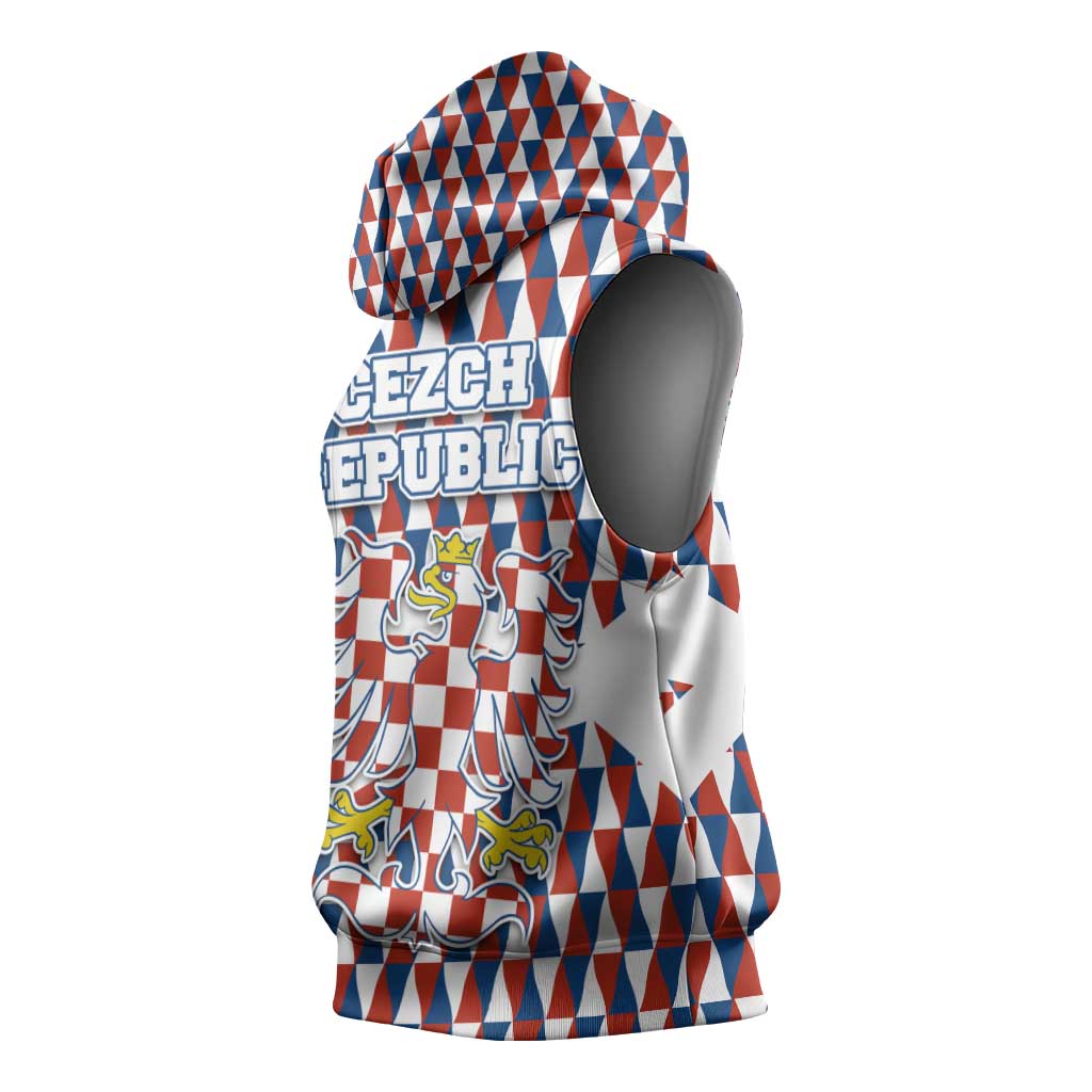 Czech Republic Sleeveless Hoodie with Red Blue Geometric Design and National Lion Shield - Wonder Print Shop