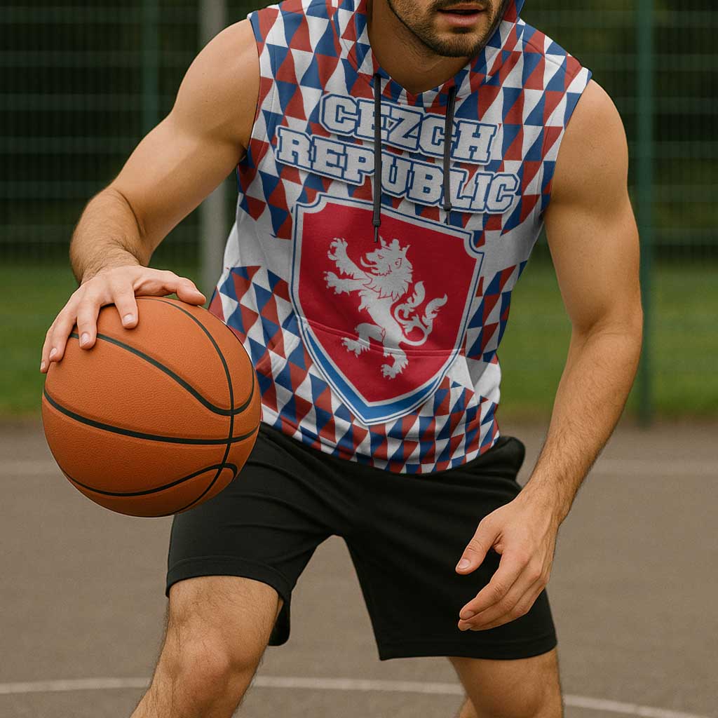 Czech Republic Sleeveless Hoodie with Red Blue Geometric Design and National Lion Shield - Wonder Print Shop