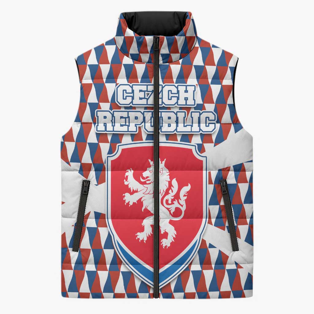 Czech Republic Sleeveless Puffer Jacket with Red Blue Geometric Design and National Lion Shield - Wonder Print Shop