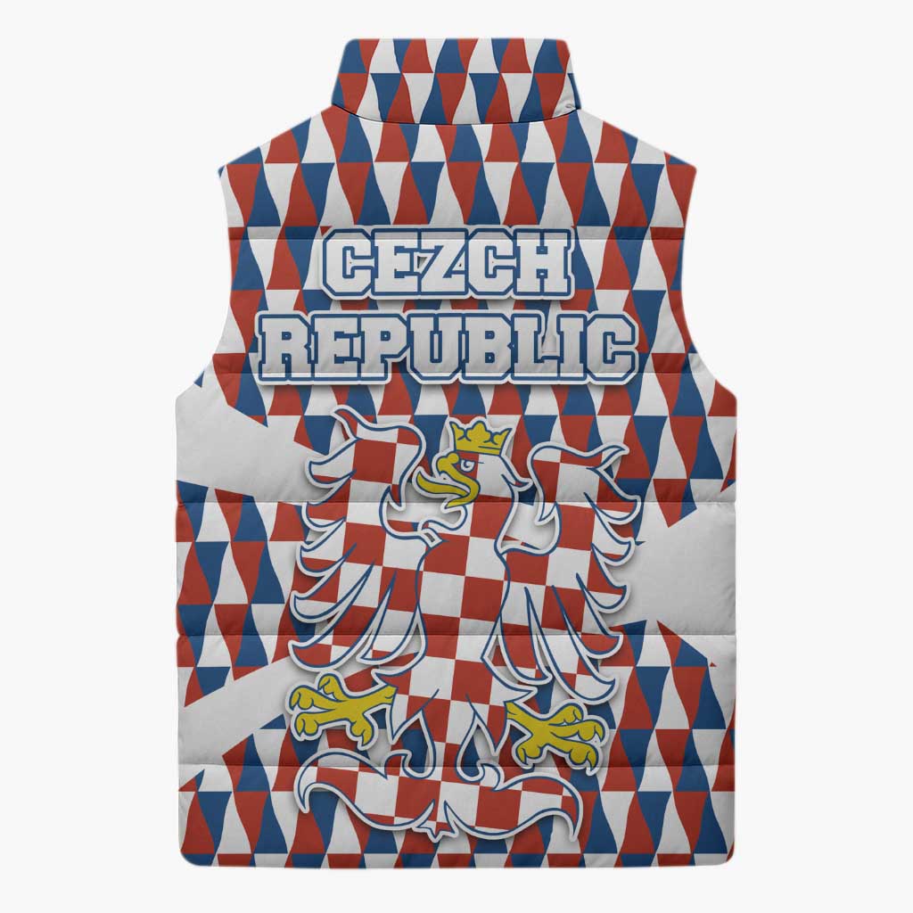 Czech Republic Sleeveless Puffer Jacket with Red Blue Geometric Design and National Lion Shield - Wonder Print Shop