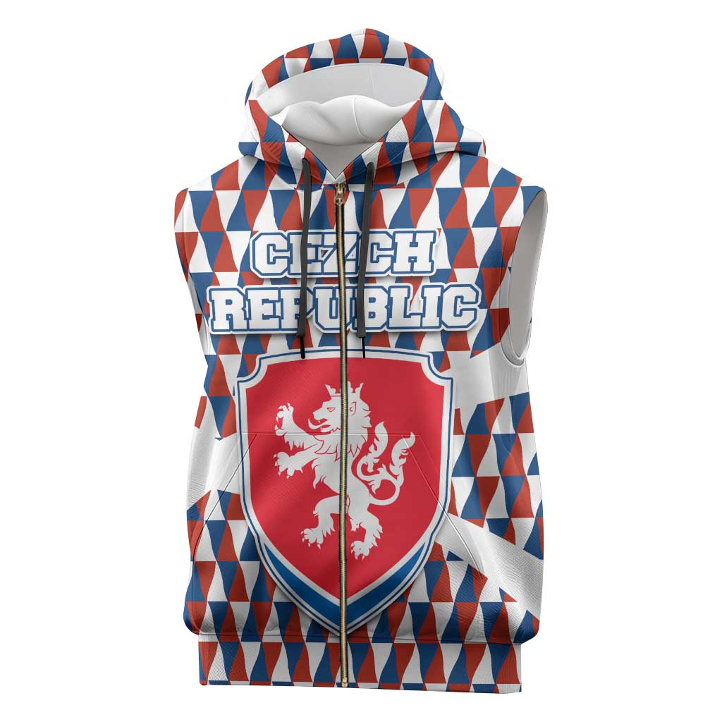 Czech Republic Sleeveless Zip Hoodie with Red Blue Geometric Design and National Lion Shield - Wonder Print Shop