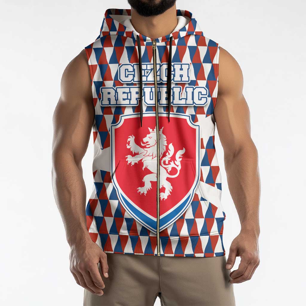 Czech Republic Sleeveless Zip Hoodie with Red Blue Geometric Design and National Lion Shield - Wonder Print Shop