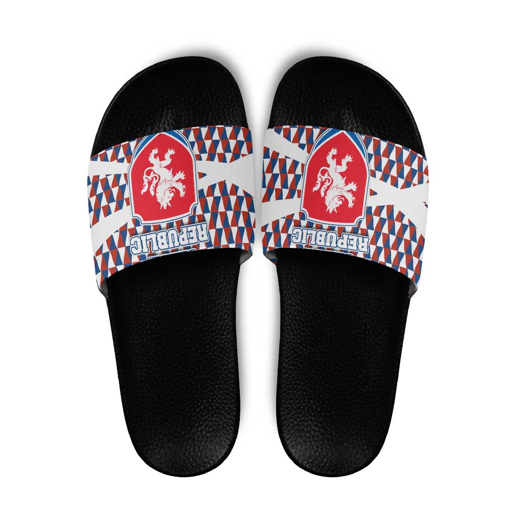 Czech Republic Slide Sandals with Red Blue Geometric Design and National Lion Shield - Wonder Print Shop