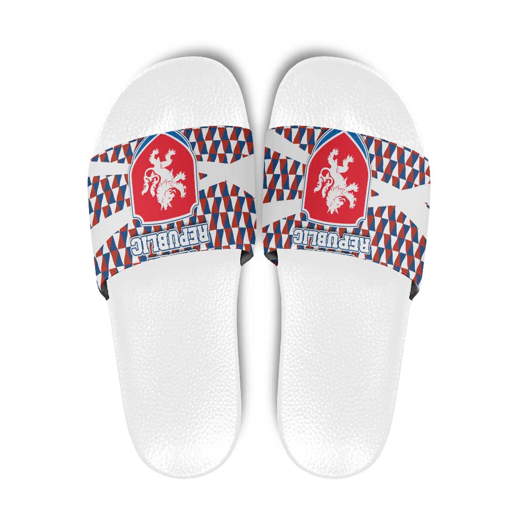 Czech Republic Slide Sandals with Red Blue Geometric Design and National Lion Shield - Wonder Print Shop