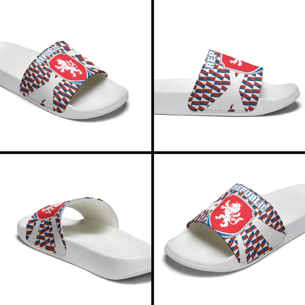 Czech Republic Slide Sandals with Red Blue Geometric Design and National Lion Shield - Wonder Print Shop