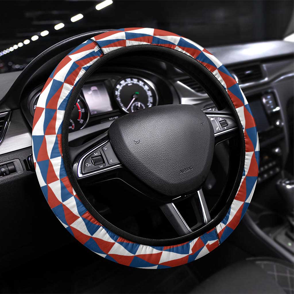 Czech Republic Steering Wheel Cover with Red Blue Geometric Design and National Lion Shield - Wonder Print Shop