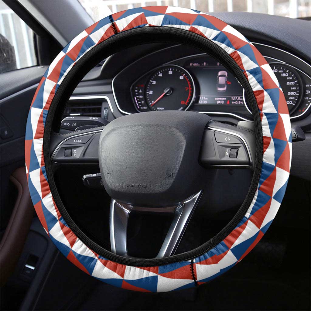 Czech Republic Steering Wheel Cover with Red Blue Geometric Design and National Lion Shield - Wonder Print Shop