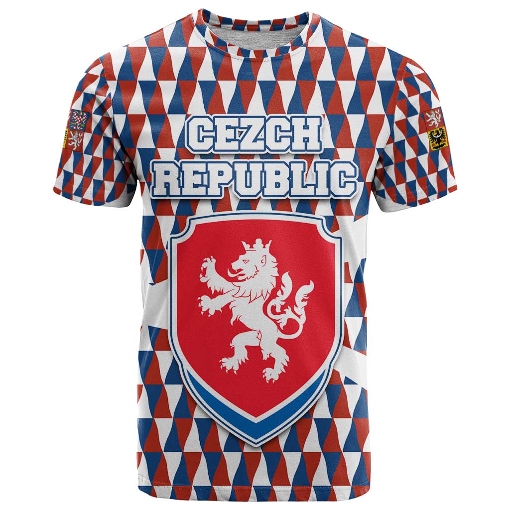 Czech Republic T Shirt with Red Blue Geometric Design and National Lion Shield - Wonder Print Shop