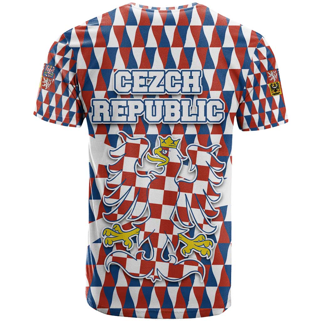 Czech Republic T Shirt with Red Blue Geometric Design and National Lion Shield - Wonder Print Shop