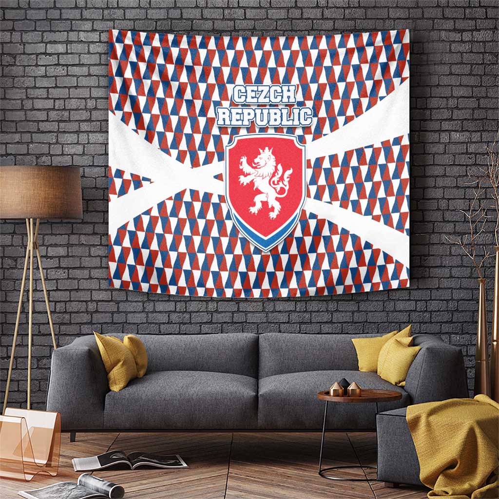 Czech Republic Tapestry with Red Blue Geometric Design and National Lion Shield - Wonder Print Shop