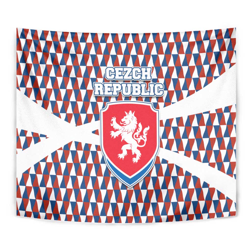 Czech Republic Tapestry with Red Blue Geometric Design and National Lion Shield - Wonder Print Shop