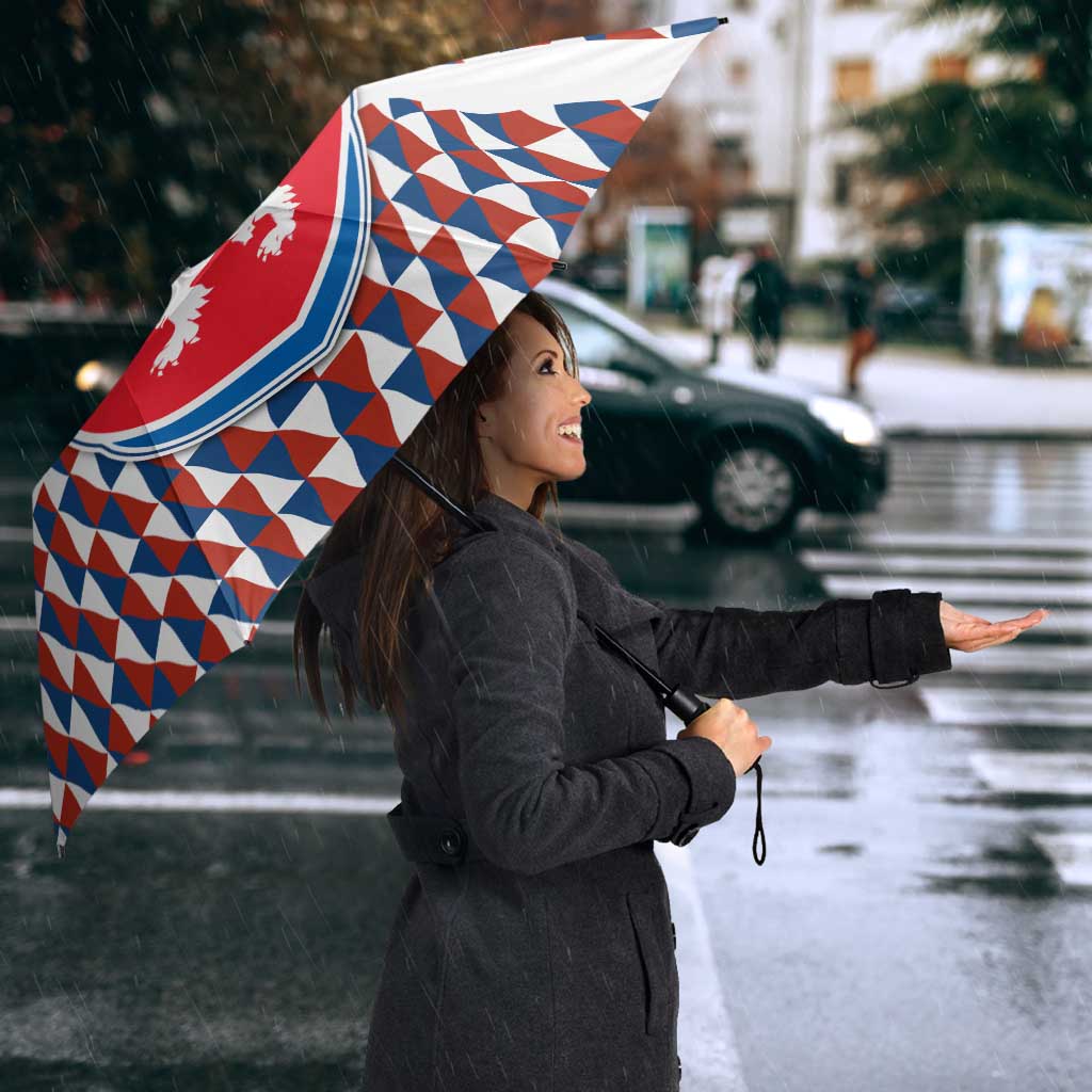 Czech Republic Umbrella with Red Blue Geometric Design and National Lion Shield - Wonder Print Shop