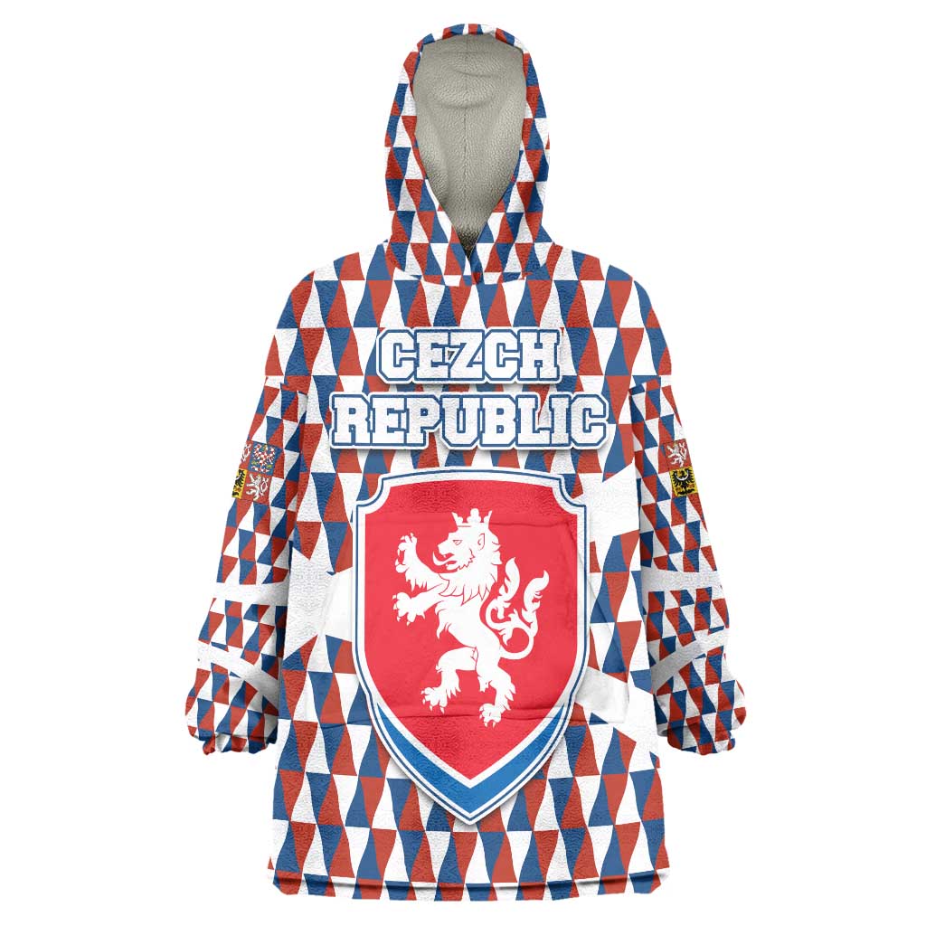 Czech Republic Wearable Blanket Hoodie with Red Blue Geometric Design and National Lion Shield - Wonder Print Shop