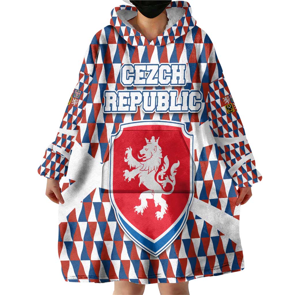 Czech Republic Wearable Blanket Hoodie with Red Blue Geometric Design and National Lion Shield - Wonder Print Shop