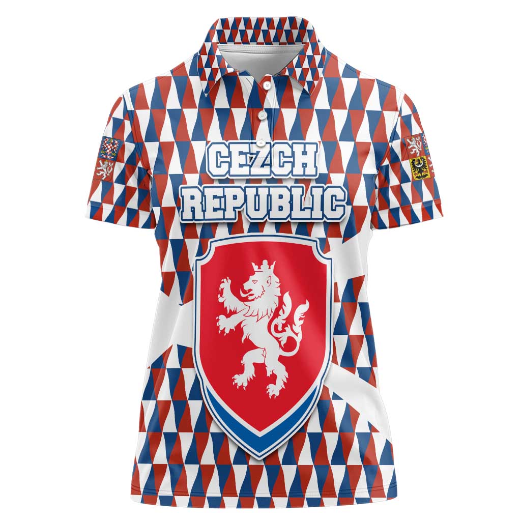 Czech Republic Women Polo Shirt with Red Blue Geometric Design and National Lion Shield - Wonder Print Shop