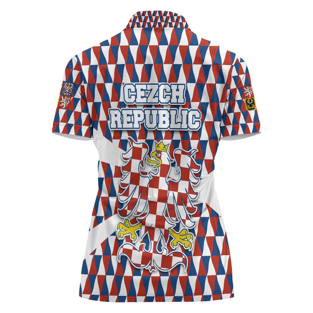 Czech Republic Women Polo Shirt with Red Blue Geometric Design and National Lion Shield - Wonder Print Shop