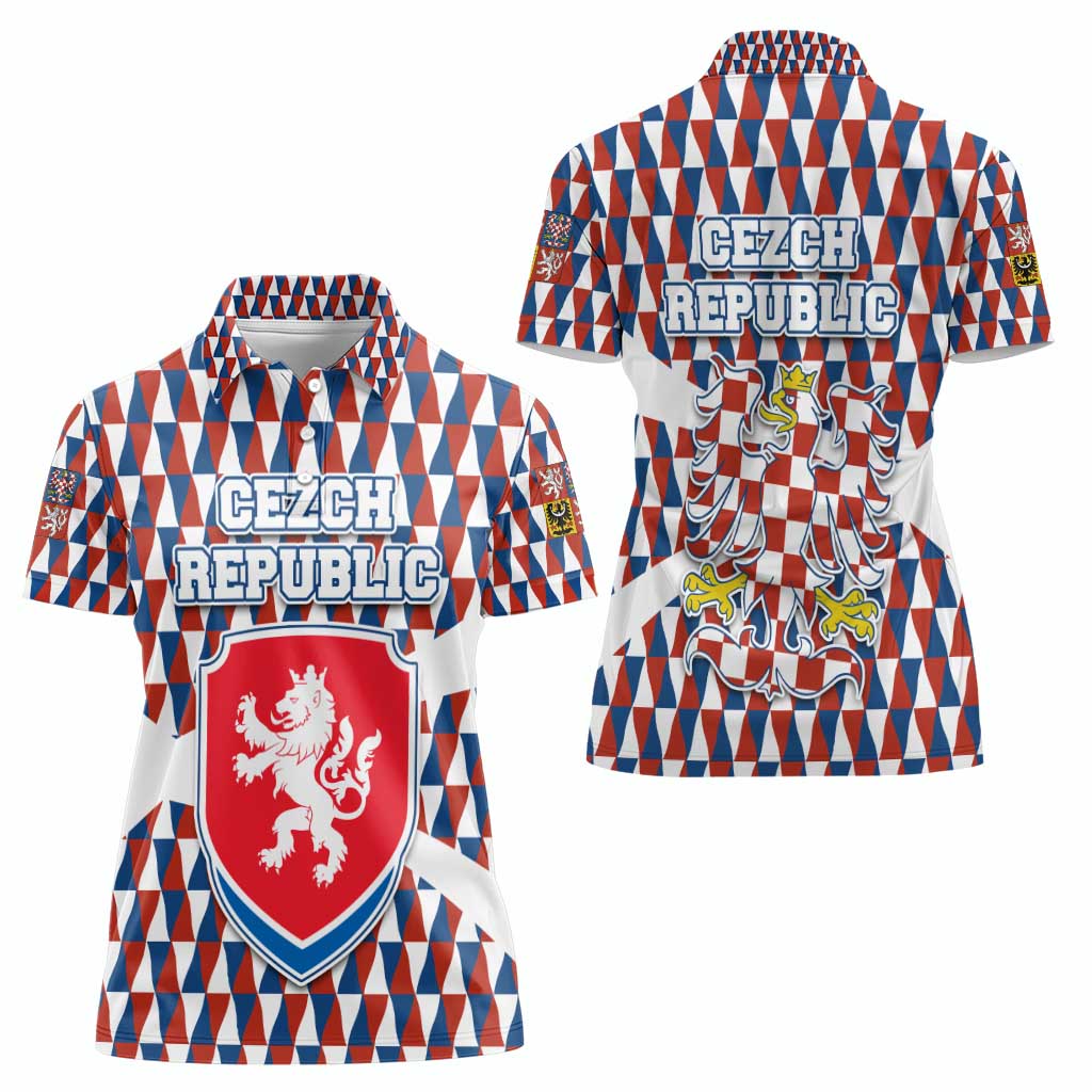 Czech Republic Women Polo Shirt with Red Blue Geometric Design and National Lion Shield - Wonder Print Shop