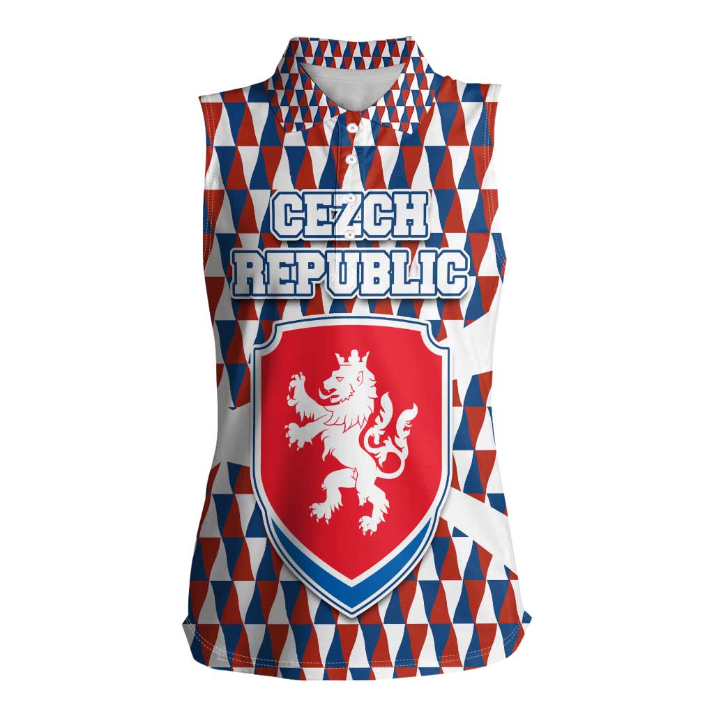 Czech Republic Women Sleeveless Polo Shirt with Red Blue Geometric Design and National Lion Shield - Wonder Print Shop