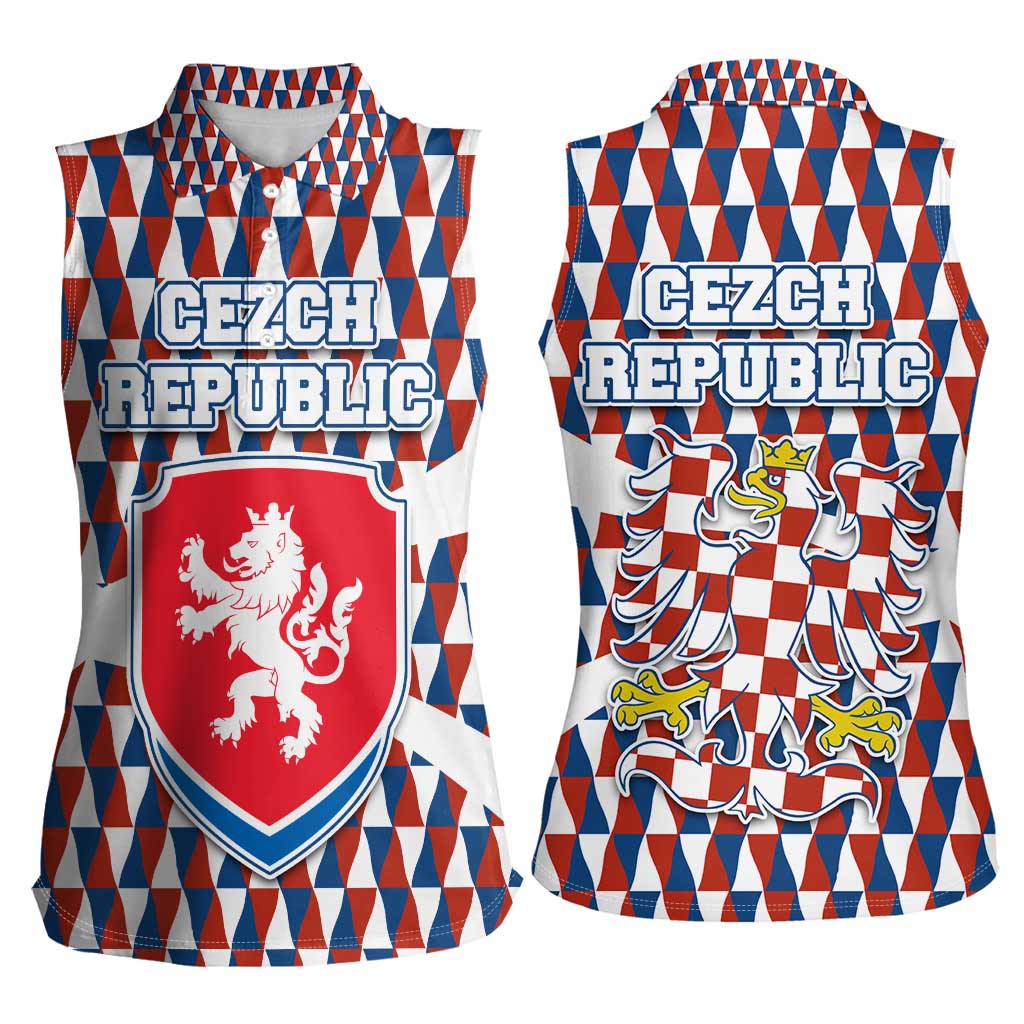 Czech Republic Women Sleeveless Polo Shirt with Red Blue Geometric Design and National Lion Shield - Wonder Print Shop