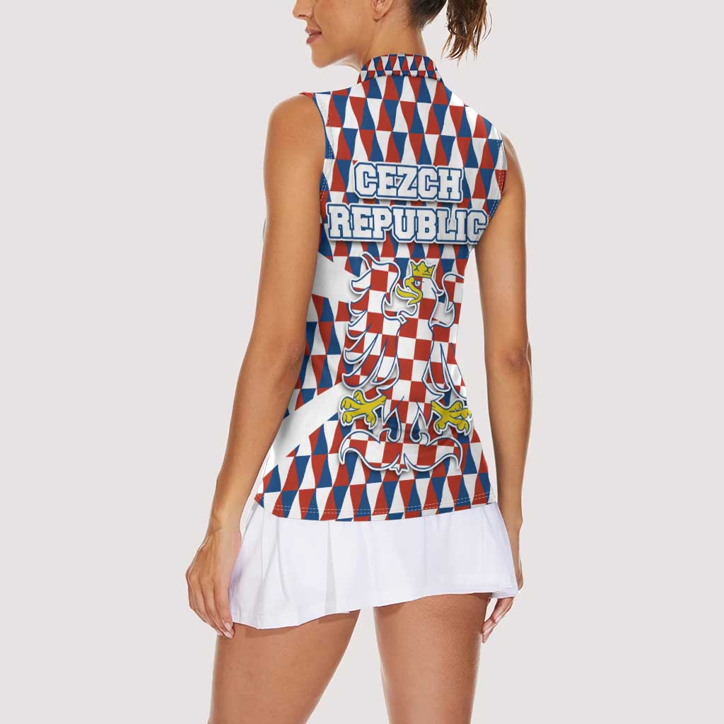 Czech Republic Women Sleeveless Polo Shirt with Red Blue Geometric Design and National Lion Shield - Wonder Print Shop