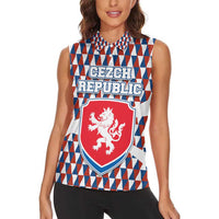 Czech Republic Women Sleeveless Polo Shirt with Red Blue Geometric Design and National Lion Shield - Wonder Print Shop